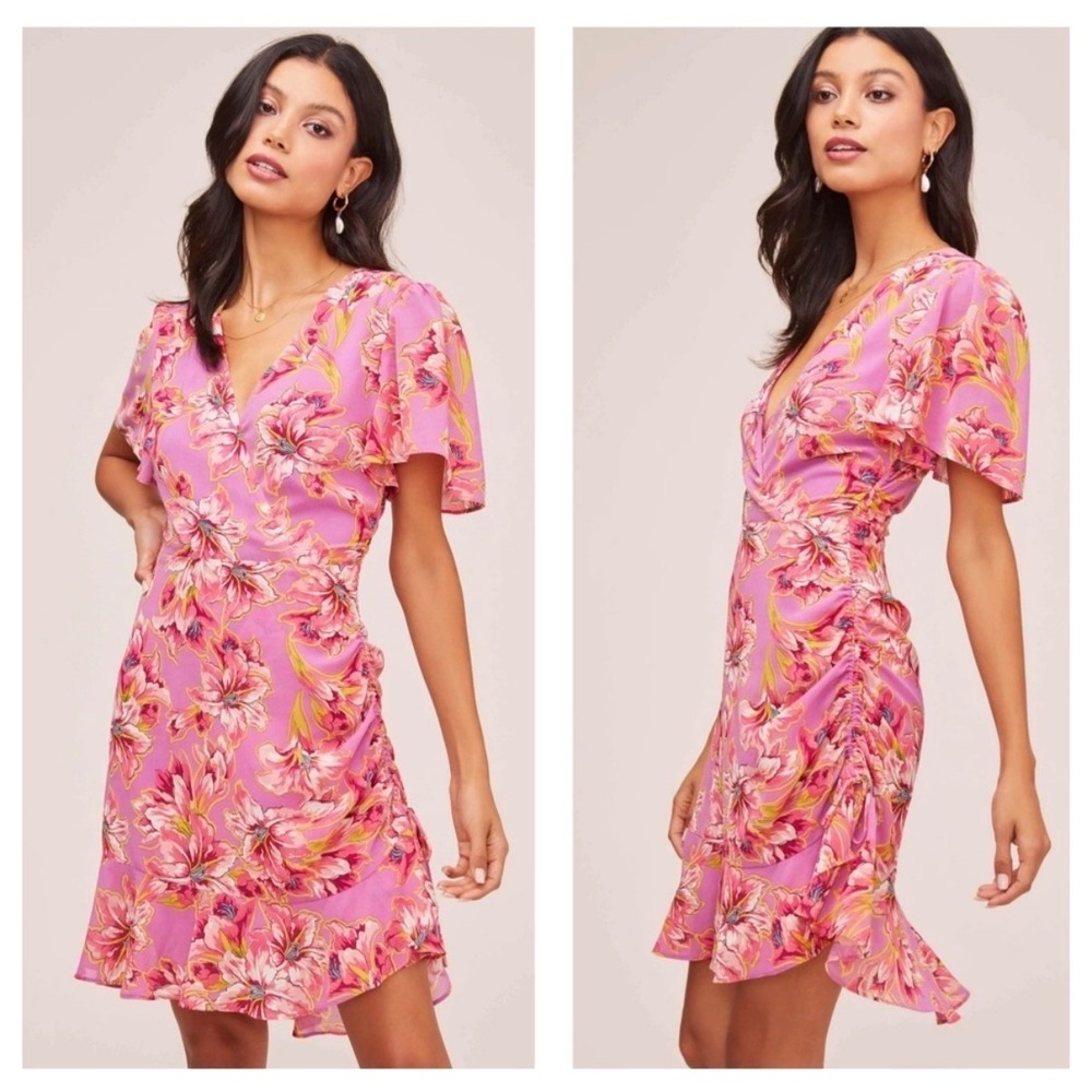 ASTR The Label Elizabeth Dress Size L Pink Floral Ruched Cottagecore Feminine
